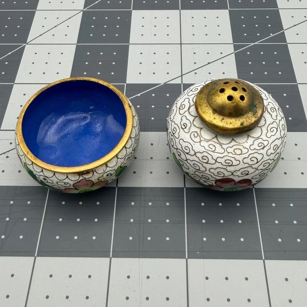 Vintage Chinese Cloisonne Enamel Salt Cellar Pepper Shaker Set Floral Gold